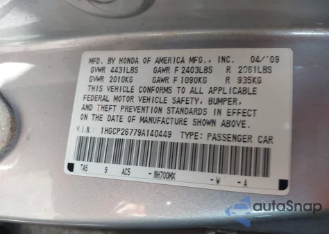 2009 Honda Accord 2.4 Ex z USA, uszkodzony, nr VIN 1HGCP26779A140449